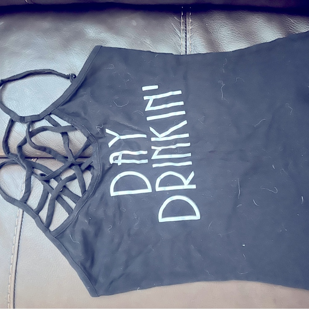 Day drinking black tank with crisscross chest area